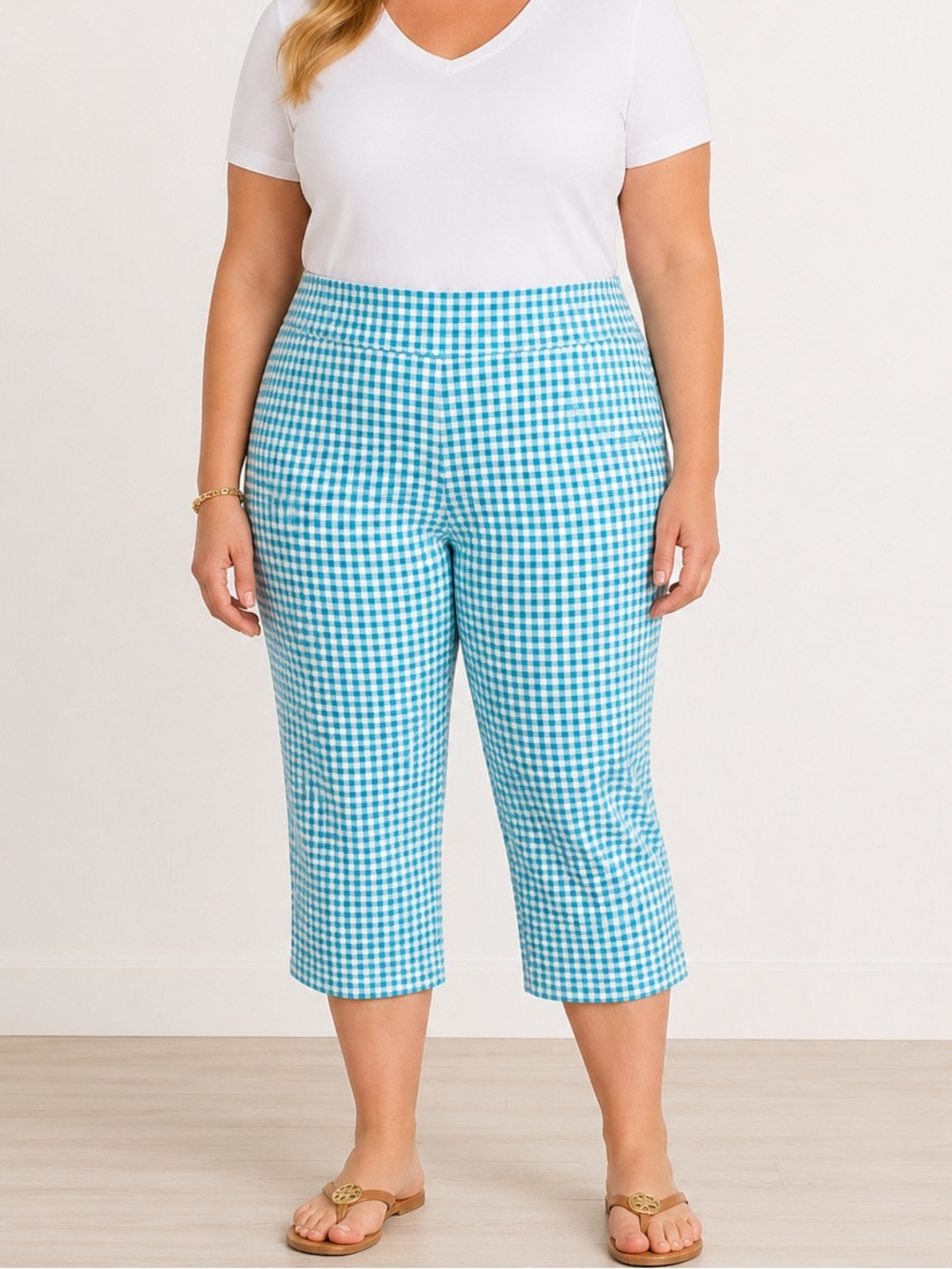 Lands’ End 1X Aqua Gingham Capri Pants Preppy Coastal Grandmother Golf Plus Size